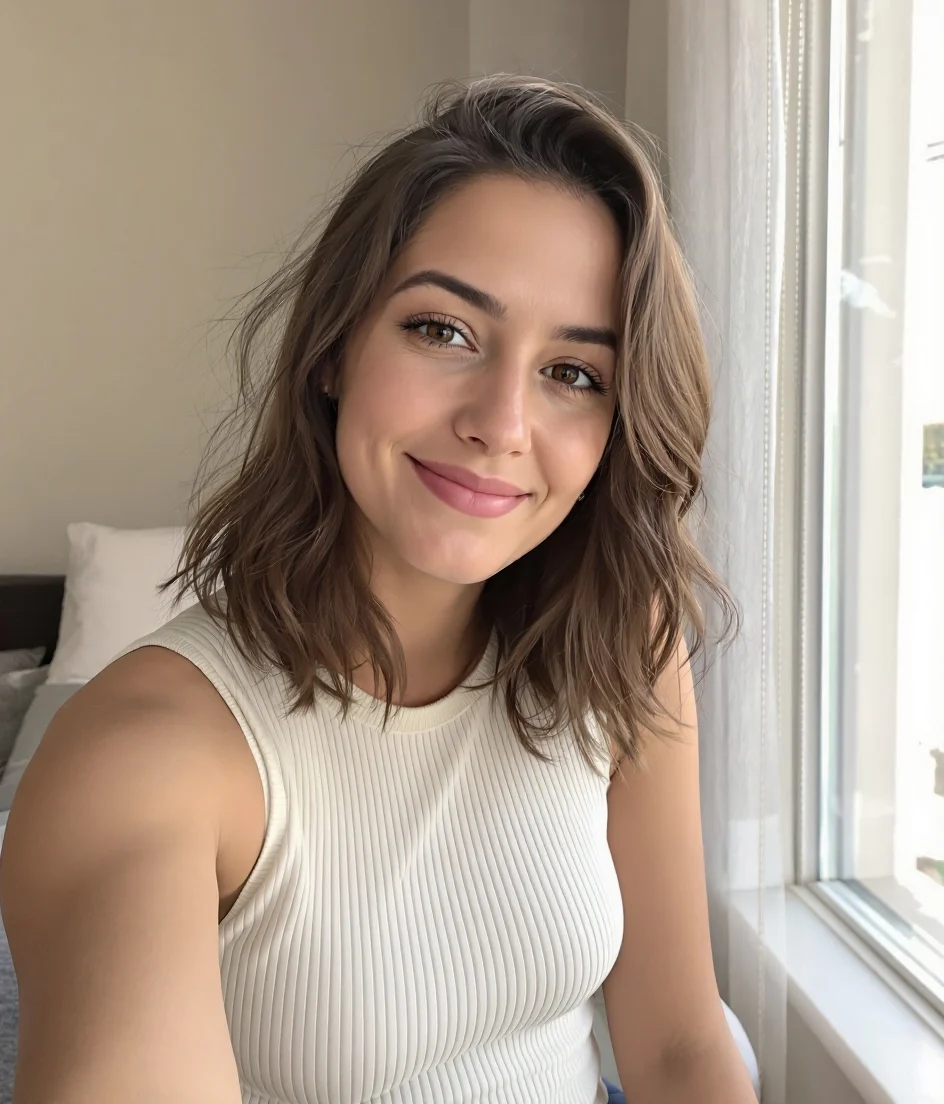 Retouched photo of a woman with wavy brown hair by a window