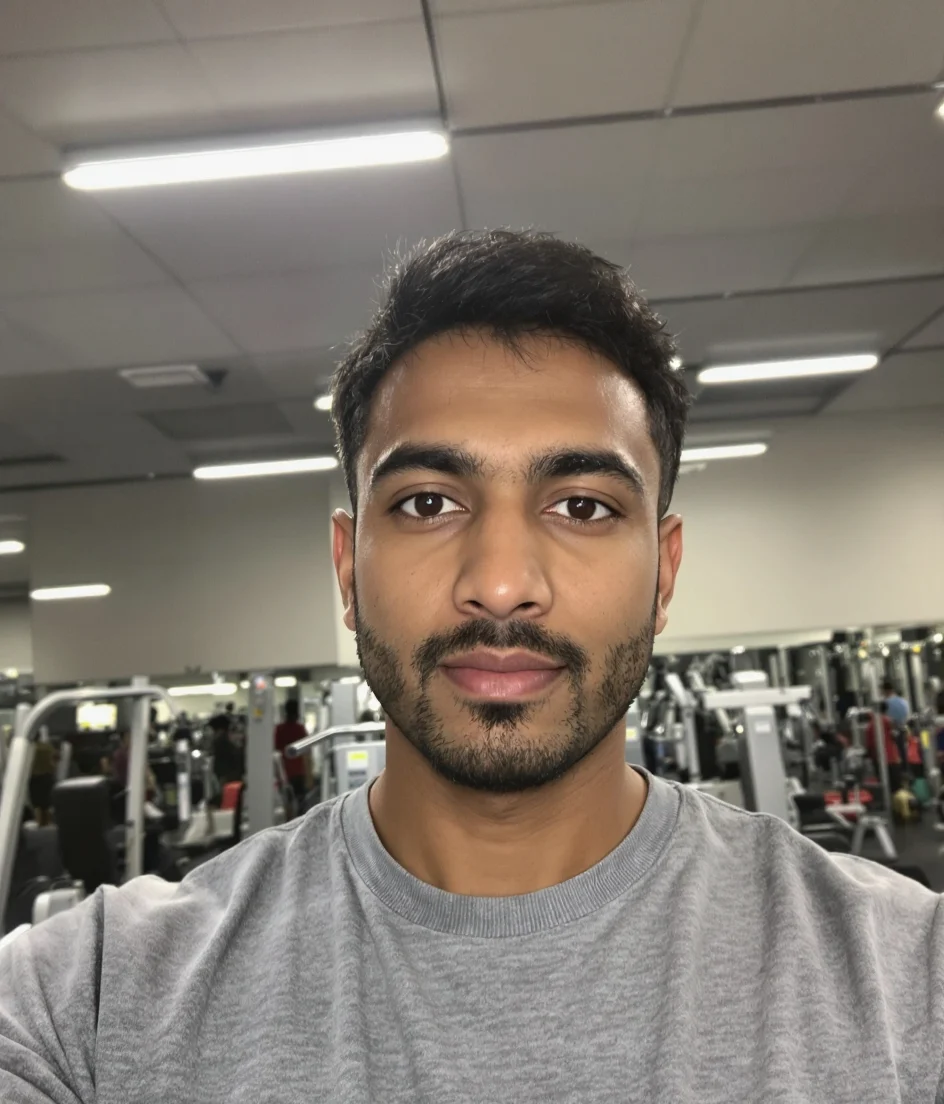 Retouched selfie of a man with a beard in a gym