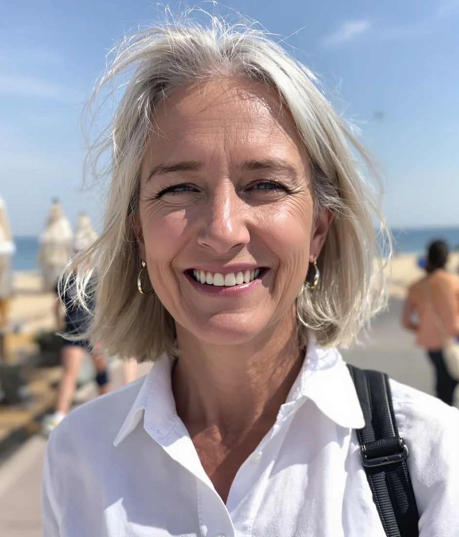 Retouched holiday photo of a smiling woman with short grey hair in the sun